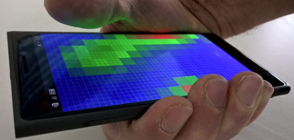 Self-capacative touchscreen showing heatmap of the thumb
